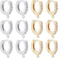 12Pcs 2 Colors Brass Micro Pave Clear Cubic Zirconia Huggie Hoop Earring Findings, with Horizontal Loop, Nickel Free, Real 18K Gold Plated & Platinum, 20 Gauge, 13.5x12x2.5mm, Hole: 1mm, Pin: 0.8mm, 6Pcs/color(KK-BBC0012-09)