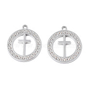 304 Stainless Steel Pendants, with Crystal Rhinestone, Ring with Cross, Stainless Steel Color, 26x22.5x2mm, Hole: 2mm(STAS-N095-155)