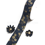 Cotton Ribbons, Wave and Gold Tone Flower Pattern, Garment Accessories, Prussian Blue, 1-5/8 inch(40mm), about 10 yards/roll(HUDU-PW0001-138B-01)