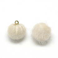 Faux Mink Fur Covered Charms, with Golden Tone Brass Findings, Round, Floral White, 12~14x10mm, Hole: 1.5mm(X-WOVE-S084-36H)