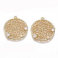 Brass Filigree Pendants, Nickel Free, Real 18K Gold Plated, with Cubic Zirconia, Flat Round, Clear, 22x20x2.5mm, Hole: 1mm(KK-T038-337)