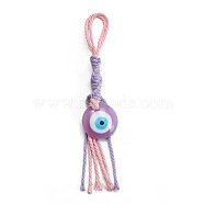 Flat Round with Evil Eye Resin Pendant Decorations, Cotton Cord Braided Tassel Hanging Ornament, Old Rose, 165mm,(EVIL-PW0002-12D-07)