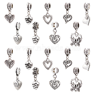 54Pcs 9 Styles Tibetan Style Alloy European Dangle Charms, Large Hole Pendants, Heart Mixed Shapes, Antique Silver, 22~29.5mm, Pendant: 12~23x10~16.5x1.5~7mm, Hole: 4.5~5mm, about 6pcs/style(FIND-CA0005-59)