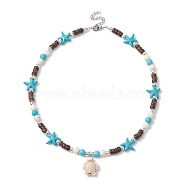 Synthetic Turquoise Tortoise Pendant Necklaces, with Starfish & Natural Coconut Beaded Chains, Beige, 15.35 inch(39cm)(NJEW-JN04573-01)