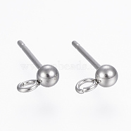 304 Stainless Steel Ball Stud Earring Post, Earring Findings, with Loop, Round, Stainless Steel Color, 14x3mm, Hole: 2mm, Pin: 0.8mm, Round: 3mm(STAS-H410-10P)