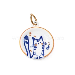 Printed 304 Stainless Steel Pendants, Round with Cat Shape Charms, Golden, Royal Blue, 18x15x3mm, Hole: 4x5mm(SA-CBA59B8-01A-G)