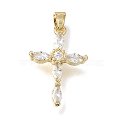 Brass Micro Pave Clear Cubic Zirconia Pendants, Horse Eye Cross Charms, Lead Free & Cadmium Free, Long-Lasting Plated, Rack Plating, Real 18K Gold Plated, 23x15x3.5mm, Hole: 3x2.5mm(CU-CBA9883-05B-G)