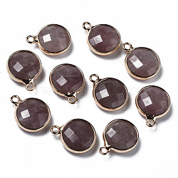 Natural Strawberry Quartz Charms, Faceted, with Golden Plated Brass Edge and Loop, Flat Round, 14.5x11.5x4.5mm, Hole: 1.5mm(G-Q998-026G)