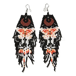 Bohemia Woven Glass Seed Bead Dangle Earrings, Tassel Chandelier Iron Earrings for Women, Butterfly, Black, 137.5mm(EJEW-A046-02B)