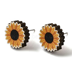 Wood Stud Earrings, with 316 Surgical Stainless Steel Pin, Thanksgiving Theme, Silver, Orange, Flower, 15mm(EJEW-Z054-01K)