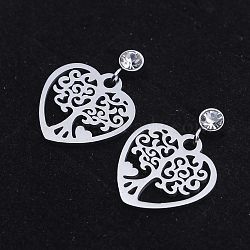 201 Stainless Steel Dangle Stud Earrings, with Clear Cubic Zirconia, Heart with Tree of Life, Stainless Steel Color, 21.5mm, Pin: 0.8mm(EJEW-T008-JN738)