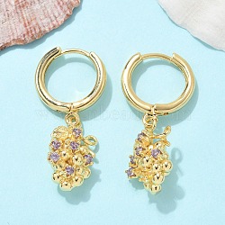 Brass Cubic Zirconia Hoop Earrings, Lead Free & Cadmium Free, Real 18K Gold Plated, Grape, 30x9.5mm(EJEW-Q015-02G-D)