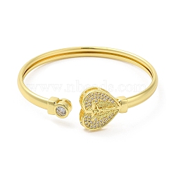 Rack Plating Brass Cubic Zirconia Heart with Jesus Cuff Bangle for Women, Cadmium Free & Lead Free, Real 18K Gold Plated, Inner Diameter: 2-1/4 inch(5.8cm)(BJEW-M298-09G)