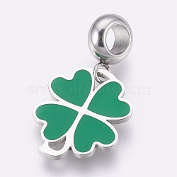 304 Stainless Steel European Dangle Charms, Large Hole Pendants, with Enamel, Clover, Stainless Steel Color, Sea Green, 26mm, Hole: 4mm, Pendant: 16.5x14x1mm(STAS-O097-08B)