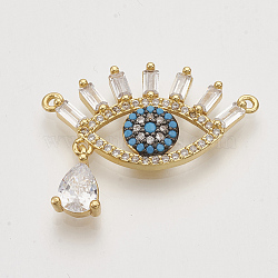 Brass Cubic Zirconia Pendants, Eye with teardrop, Golden, Deep Sky Blue, 21x28x3mm, Hole: 1.2mm(ZIRC-S061-83C)