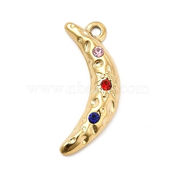 Colorful Rhinestone Pendants, with Ion Plating(IP) 304 Stainless Steel Finding, Crescent Moon, Golden, 26x9x3mm, Hole: 1.2mm(STAS-E177-03G)