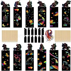 Scratch Rainbow Painting Art Paper, DIY Animal Bookmark, with Paper Card, Wood Sticks , Horse, 15x4.5cm, 12pcs/set(PW-WG17089-04)