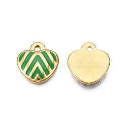 304 Stainless Steel Enamel Pendants, Real 18K Gold Plated, Heart, Green, 17x16x3mm, Hole: 2mm(STAS-N092-154A)