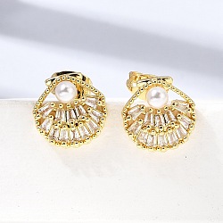 Brass Micro Pave Clear Cubic Zirconia Stud Earrings, Shell Shape, with ABS Plastic Imitation Pearl, Rack Plating, Long-Lasting Plated, Cadmium Free & Lead Free, Real 18K Gold Plated, 11.5x11.5mm(EJEW-D355-08G)