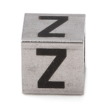 Tarnish Resistant 201 Stainless Steel European Beads, Large Hole Beads, Cube with English Letter, Stainless Steel Color, Letter Z, 7x7x7mm, Hole: 5mm