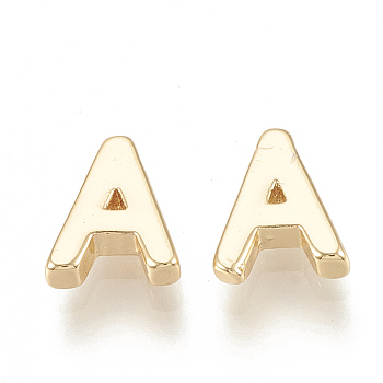 Brass Charms, Nickel Free, Real 18K Gold Plated, Letter.A, 7~8.5x4~7.5x2mm, Hole: 1mm