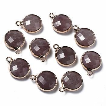 Natural Strawberry Quartz Charms, Faceted, with Golden Plated Brass Edge and Loop, Flat Round, 14.5x11.5x4.5mm, Hole: 1.5mm