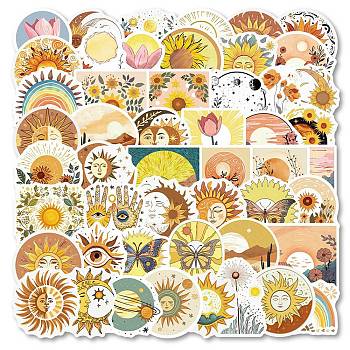 50Pcs Plant Theme PVC Self Adhesive Cartoon Stickers, Waterproof Sun Decals for Laptop, Bottle, Luggage Decor, Yellow, 46~59.5x38.5~64.5x0.2mm