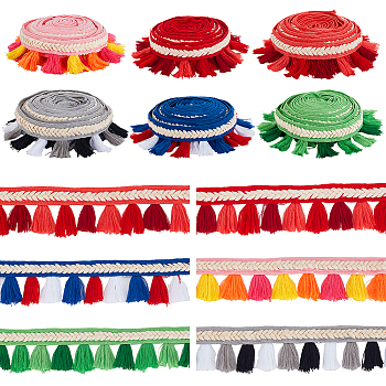6Pcs 6 Colors Polyester Tassel Ribbons, Ethnic Style, Mixed Color, 1-5/8 inch(40mm), about 2.19 Yards(2m)/pc, 1pc/color