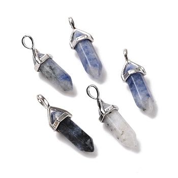 Natural Blue Spot Jasper Pendants, Faceted, with Platinum Tone Brass Findings, Lead free & Cadmium Free, Bullet, 27~30x9~10x7~8mm, Hole: 4x3mm