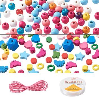 DIY Jewelry Making Kits, Including Mixed Shapes Natural Wood Beads, Elastic Cord & Stretch Thread, Mixed Color, Beads: 120~140pcs/set