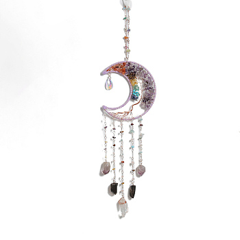 7 Chakra Copper Wire Wrapped Natural & Synthetic Mixed Gemstone Beads Moon Tree of Life Suncatchers, Glass Crystal Beads for Outdoor & Garden Wall Hanging Decor, 495x140x16mm