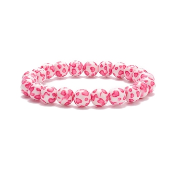 Leopard Print Resin Round Beaded Stretch Bracelet for Women, Hot Pink, Inner Diameter: 2-3/8 inch(6cm), Beads: 10mm