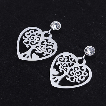 201 Stainless Steel Dangle Stud Earrings, with Clear Cubic Zirconia, Heart with Tree of Life, Stainless Steel Color, 21.5mm, Pin: 0.8mm