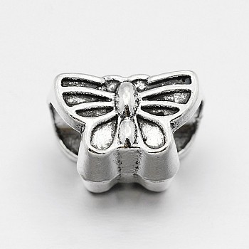 Alloy Butterfly Large Hole European Beads, Antique Silver, 9x13x8mm, Hole: 5mm