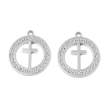 304 Stainless Steel Pendants, with Crystal Rhinestone, Ring with Cross, Stainless Steel Color, 26x22.5x2mm, Hole: 2mm