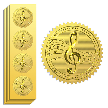 Self Adhesive Gold Foil Embossed Stickers, Medal Decoration Sticker, Musical Note, 5x5cm, 4pcs/sheet