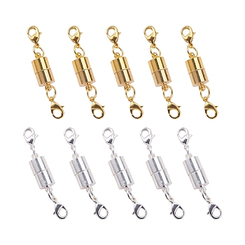 Brass Magnetic Clasps, with Lobster Claw Clasps, Column, Golden & Silver, 45x7.5x6mm, 2 colors, 5sets/color, 10sets/bag