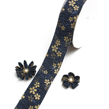Cotton Ribbons, Wave and Gold Tone Flower Pattern, Garment Accessories, Prussian Blue, 1-5/8 inch(40mm), about 10 yards/roll