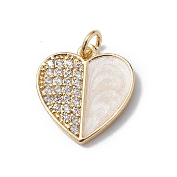 Brass Micro Pave Cubic Zirconia Pendants, with Enamel & Jump Ring, Cadmium Free & Lead Free, Real 18K Gold Plated, Long-Lasting Plated, Heart Charm, Clear, 16x15x1mm, Hole: 3mm