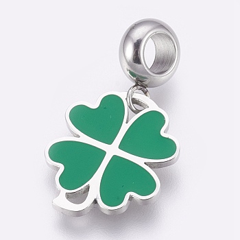 304 Stainless Steel European Dangle Charms, Large Hole Pendants, with Enamel, Clover, Stainless Steel Color, Sea Green, 26mm, Hole: 4mm, Pendant: 16.5x14x1mm
