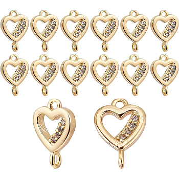 16Pcs Brass Micro Pave Clear Cubic Zirconia Links Connectors, Long-Lasting Plated, Heart, Real 14K Gold Plated, 11x7.8x2.5mm, Hole: 1mm