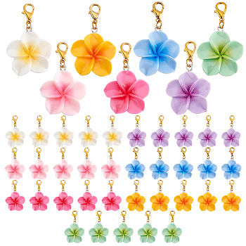 42Pcs 7 Colors Resin Flower Pendant Decorations, with Lobster Claw Clasps, Mixed Color, 41mm, 6pcs/color