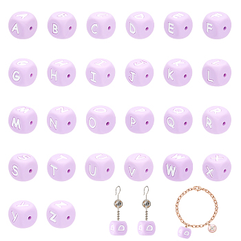 26Pcs 26 Style Silicone Beads, DIY Nursing Necklaces and Bracelets Making, Chewing Pendants For Teethers, Letter Style, Cube, Letter A~Z, 12x12x12mm, Hole: 2mm, 1pc/style