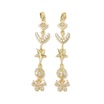 Brass Micro Pave Clear Cubic Zirconia Big Pendants, Star with Butterfly Drop Charms, Golden, 55x12x3mm, Hole: 5.5x3mm