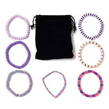 7Pcs 7 Style Polymer Clay Heishi Surfer Stretch Bracelets Set, Glass Seed Bracelets, Preppy Jewelry for Women, Purple, Inner Diameter: 2-1/8 inch(5.5cm), 1Pc/style