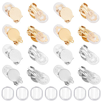 24Pcs 4 Style 304 Stainless Steel Flat Round Clip-on Earring Settings, with 48Pcs Round Flat Pad, Golden & Stainless Steel Color, 16~18x10x7mm, Tray: 9.8mm, 12Pcs/style