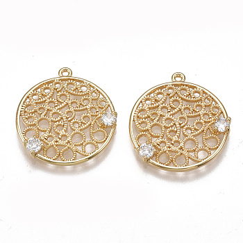 Brass Filigree Pendants, Nickel Free, Real 18K Gold Plated, with Cubic Zirconia, Flat Round, Clear, 22x20x2.5mm, Hole: 1mm