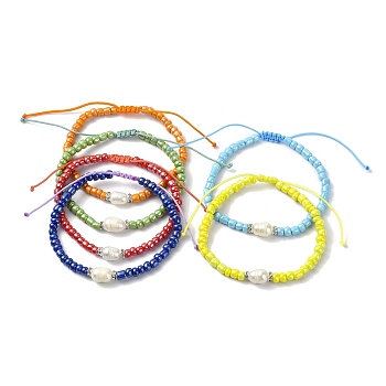 6Pcs 6 Colors Glass Seed Bead Bracelets, with Pearl Shell, Adjustable Braided Cord Jewelry for Women, Mixed Color, Inner Diameter: 1-7/8~3 inch(4.9~7.6cm), 1pc/color