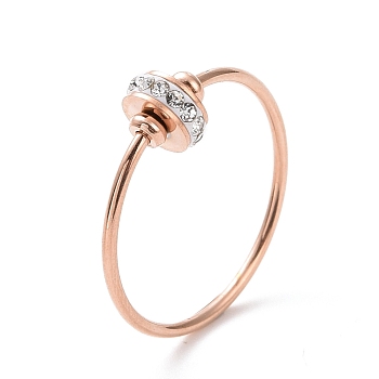 Crystal Rhinestone Flat Round Finger Ring, Ion Plating(IP) 304 Stainless Steel Jewelry for Women, Rose Gold, US Size 7(17.3mm)