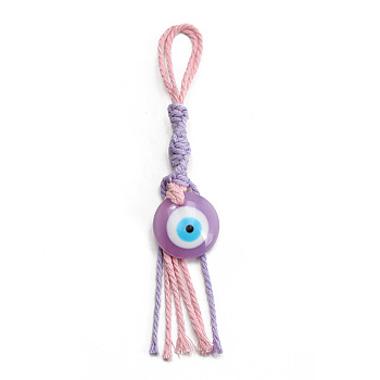 Flat Round with Evil Eye Resin Pendant Decorations, Cotton Cord Braided Tassel Hanging Ornament, Old Rose, 165mm,